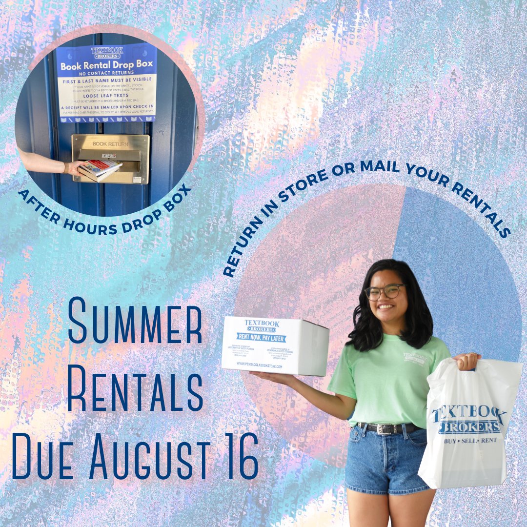 Three ways to return your summer rentals:
1. Return in store
2. Use our after hours dropbox
3. Mail them back

#UWF #rentalsdue #endofsemester