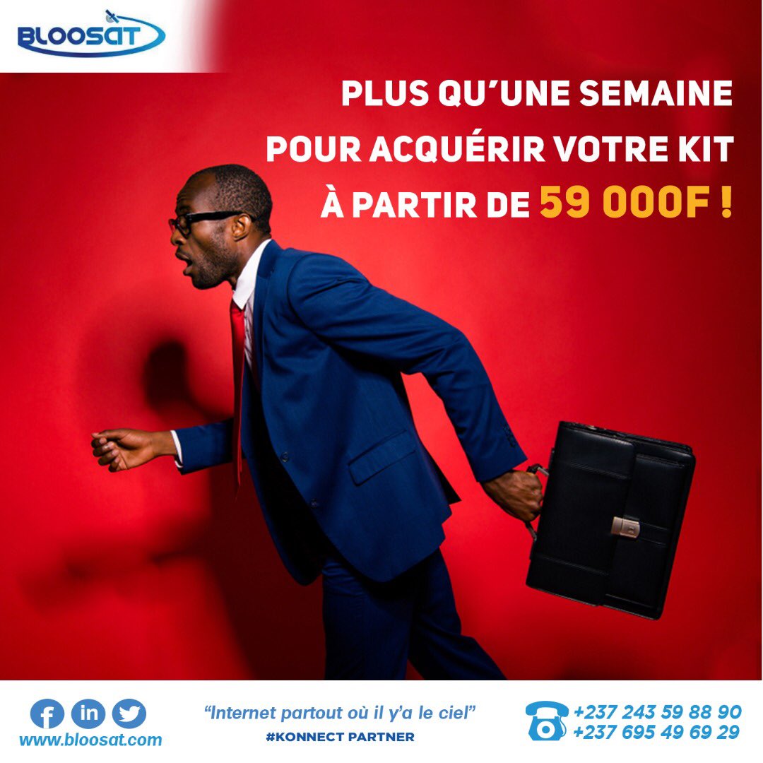 BloosatCameroun's tweet photo. Je profite de la promotion dès maintenant.

Nos agences:
- Douala face boulangerie Zepol (service commercial) 
- 291, rue 1819 - Charles BINDZI. Face Dragage. Yaoundé 1

𝕴𝖓𝖋𝖔𝖑𝖎𝖓𝖊 :
 +237 691 14 90 28 / +237 243 59 88 90
 info@bloosat.com
https://t.co/AsbzalWBTo
#bloosat https://t.co/BZiTIdIrGj