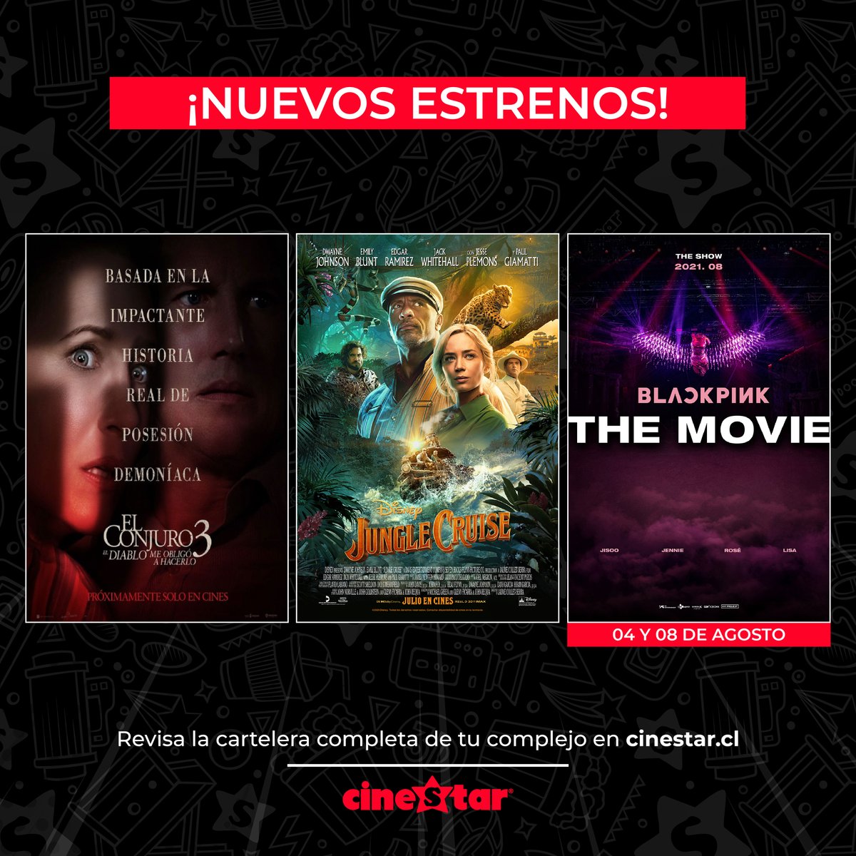 Es jueves de estrenos en #Cinestar 😉

Arma tu panorama ahora con tu peli favorita! O asegura tu entrada para la #BlackPinkTheMovie este 4 y 8 de agosto!!

Recuerda que tu pase de movilidad es obligatorio para ingresar a nuestras salas ☝️