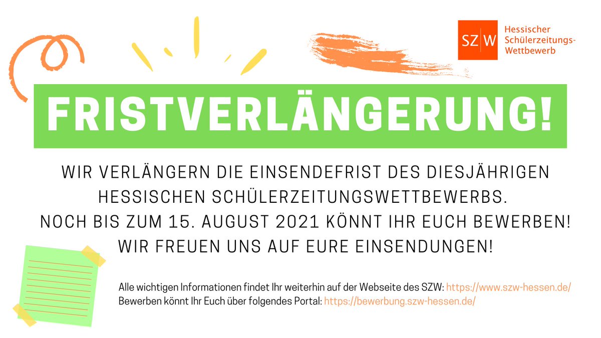 FRISTVERLÄNGERUNG! ⚠️ Unter bewerbung.szw-hessen.de könnt Ihr Euch noch bis zum 15.08. für den #szw2021 bewerben! Wir freuen uns auf Eure Einsendungen. :) #hessischerschülerzeitungswettbewerb