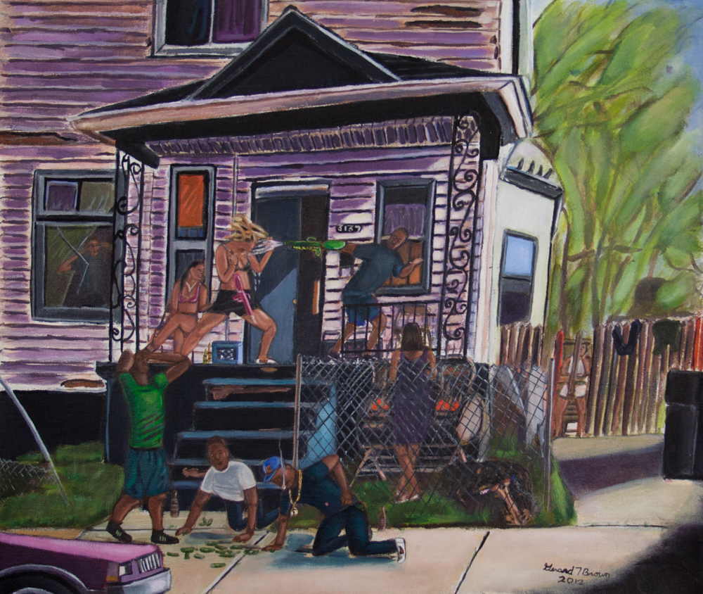 A painting of a purple house in a neighborhood. A purple car is out front, parked in the street. In the front yard, there is a person grilling, a dog chewing on a bone, and people playing a game. Three people are on the porch playing with water guns. A person is inside the house, looking out through a window with a crack.