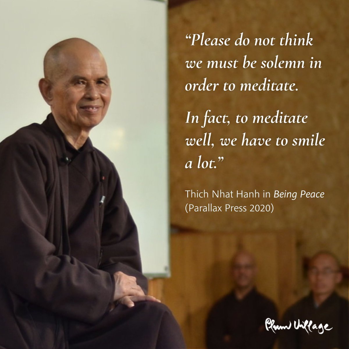 "Please do not think we must be solemn in order to meditate. In fact, to meditate well, we have to smile a lot.”

Thich Nhat Hanh in "Being Peace" (Parallax Press 2020)