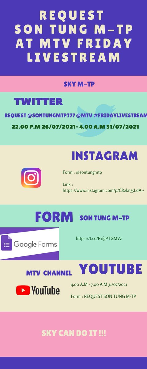 SKYMTP1603's tweet photo. REQUEST SON TUNG M-TP AT MTV FRIDAY LIVESTREAM

1. Twitter

REQUEST @sontungmtp777 @MTV #FridayLivestream

2. Instagram

Form : @sontungmtp 

Link : https://t.co/wLQWeH5fT8

3. Fill out the form 
Link : https://t.co/X99RTmT2u9

4. Youtube

REQUEST SON TUNG M-TP 

M-TV Channel https://t.co/jpgfgrAsa1