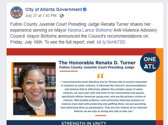 FultonJuvenile's tweet photo. One Atlanta - Strength in Unity.  
2021 Anti-Violence Advisory Council Recommendations Report located at https://t.co/qqsU4J9ZZT.  Deputy Presiding Judge Renata Turner was featured on City of Atlanta's page.
@cityofatlantaga 

#fcjc 
#antiviolence https://t.co/9DC1LA531z