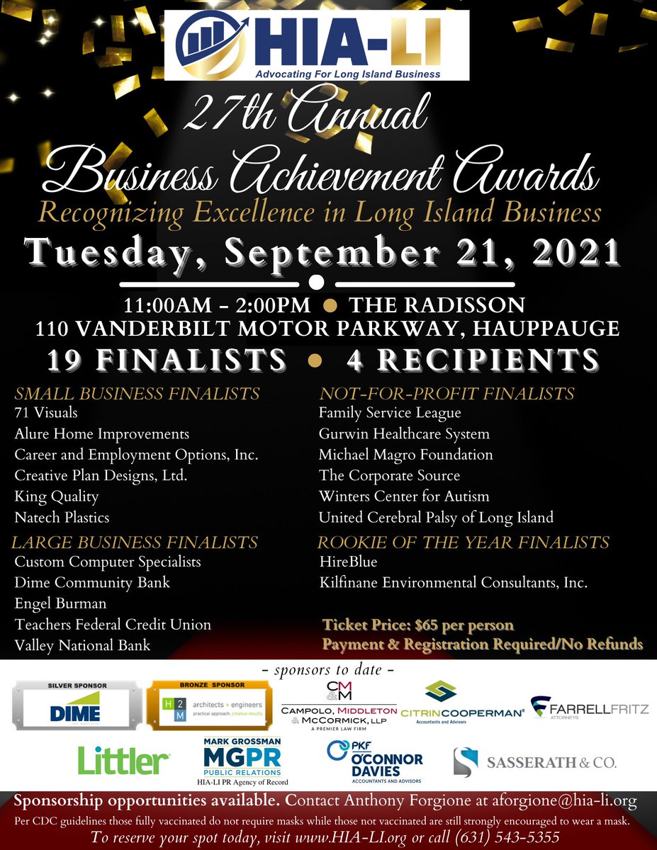 HIA_LI's tweet photo. THE RESULTS ARE IN...We are pleased to announce the Finalists for the 27th Annual Business Achievement Awards! Reserve your spot at the in-person awards celebration today at https://t.co/282AEferxp. For sponsorship opportunities, please contact aforgione@hia-li.org. #BAA2021 https://t.co/hil86JyBnC