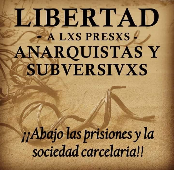 Via @limonera_indomita
Libertad a quienes se oponen a este sistema asesino y criminal. 

●SOLIDARIDAD ACTIVA CON LXS PRISIONERXS SUBVERSIVXS Y ANARQUISTAS EN LUCHA EN LAS CÁRCELES CHILENAS!!
●POR LA ANULACIÓN DE LAS CONDENAS DE LA "JUSTICIA MILITAR" AUN 👇🏾