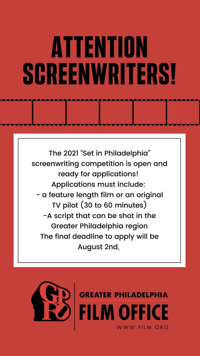 GPFO's tweet photo. The final deadline for the "Set in Philadelphia" screenwriting competition is in 4 DAYS! Submit your script NOW for a chance to win the $10,000 GRAND PRIZE!
#savephillyfilm #setinphiladelphia https://t.co/CdALH8J4Iw