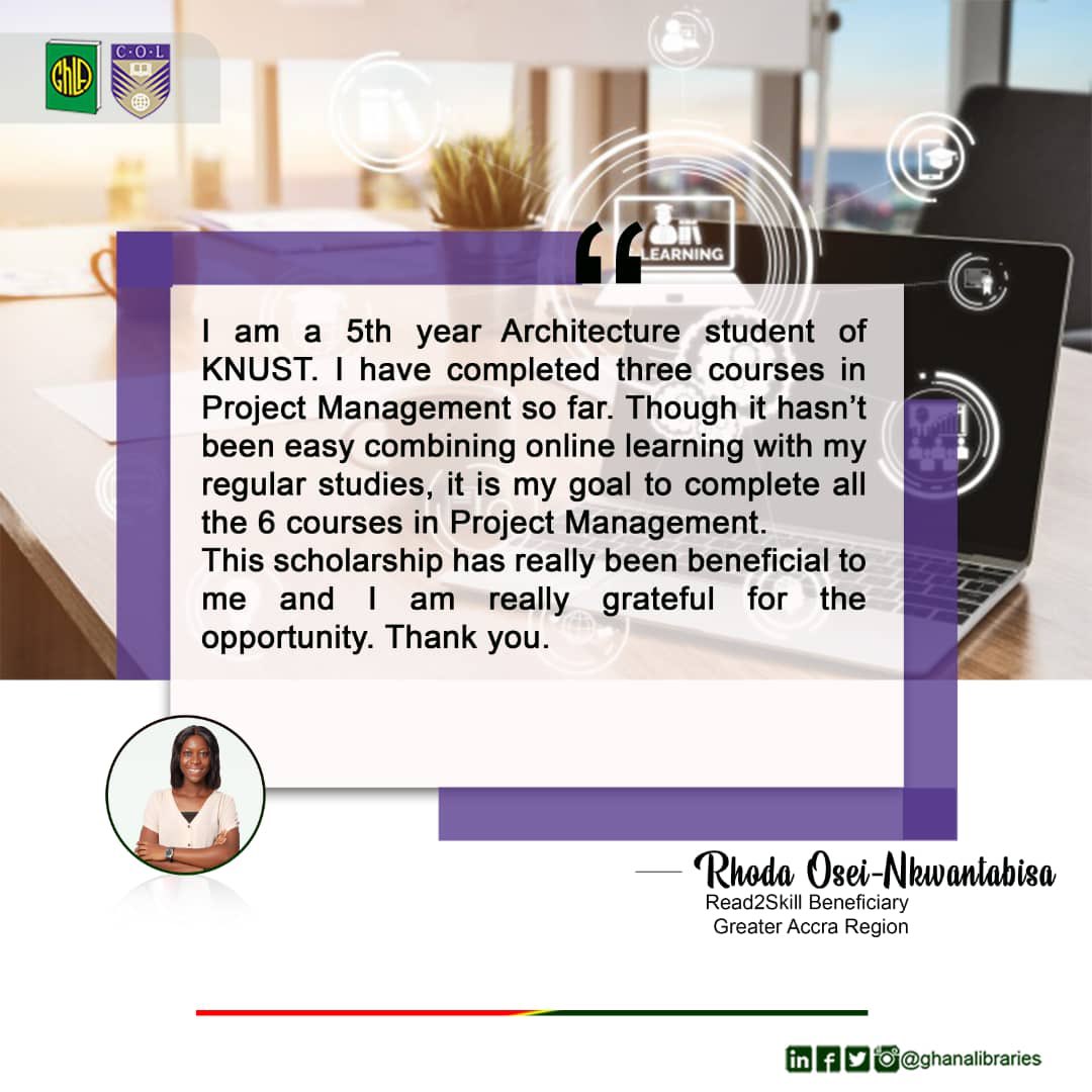 ghanalibraries's tweet photo. How are you benefiting from our Read2Skill programme?

This is a testimonial from a beneficiary. 

Do share your story with us.

#Read2Skill
#LBFLibraryoftheYear
#EliminatingLearningPoverty https://t.co/weHMhBOAUw