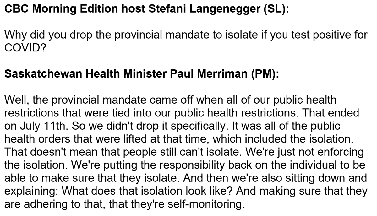 CBCFletch's tweet photo. Alberta dropping the requirement for people who test positive for COVID-19 to self-isolate has garnered a lot of attention.

But Saskatchewan did this a few weeks ago.

Today the SK Health Minister talked about that decision with @SLangeneggerCBC:

Full🔊: https://t.co/57Kh0e5sXa https://t.co/C1EL8XRJZG