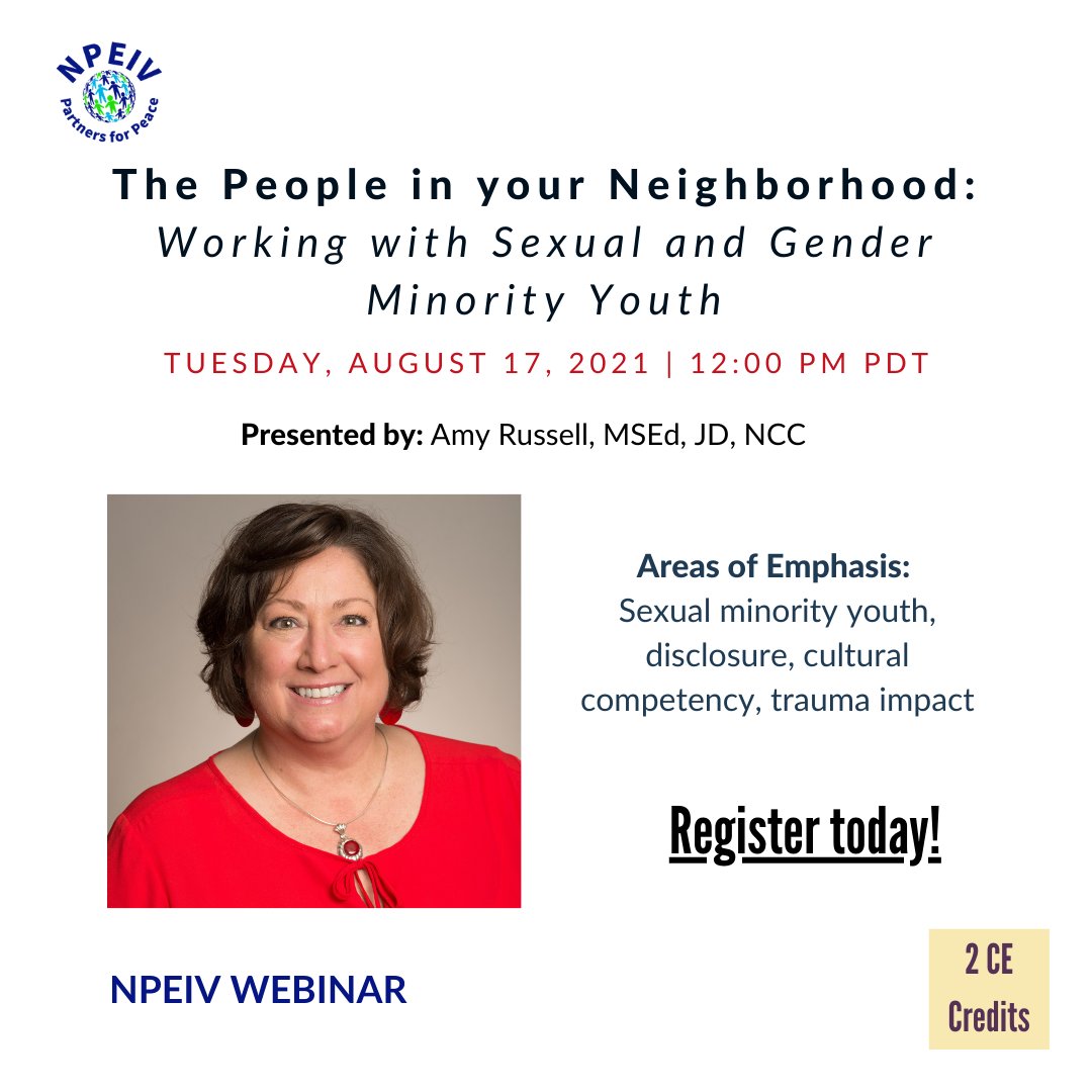 ChildJusticeCtr's tweet image. What puts #LGBTQIA youth at increased risk for #sexualvictimization? How does a youth's #SOGIE create #complextrauma for #victims? Learn more on August 17th @ noon PDT as part of an #NPEIV webinar series.  Register now at tinyurl.com/59n5vjs7.