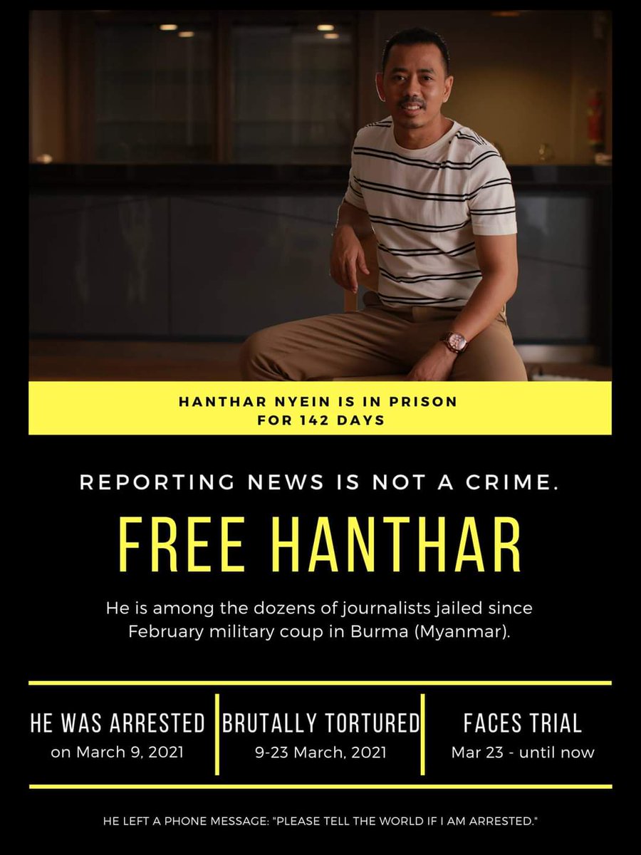 KyiThar3's tweet photo. "143 days in prison"

#Freehanthar 
#reportingnewsisnotacrime https://t.co/x6r7r2ytxh
