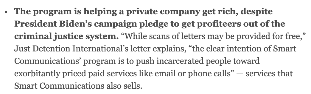 PrisonPolicy's tweet photo. Mail bans give incarcerated people and their families one more reason to use paid communication options like phone calls, video calls, and tablets. Private vendors always profit from these services - and often, they kick back some of the revenue to the prisons. https://t.co/5cLSs98zGO