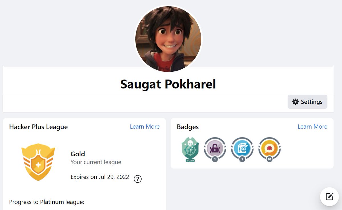 saugatscript's tweet image. Reached Gold League on Facebook&apos;s Hacker Plus League. More to go..😊🚀

#bugbounty