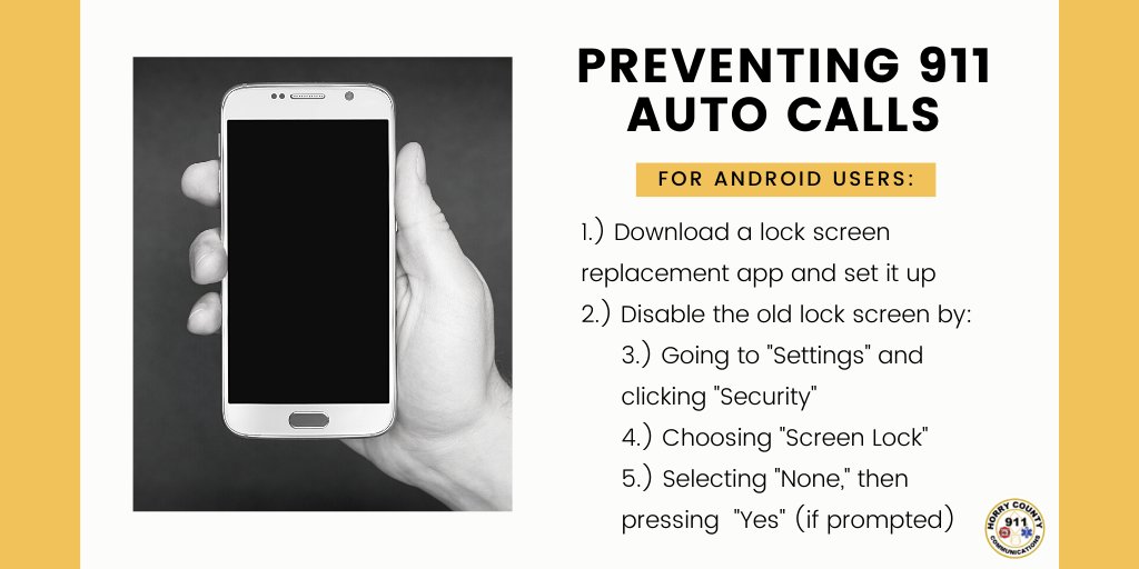 HorryCounty911's tweet photo. Does your cellphone keep accidentally calling 911? 📱

If you have an Android, you can help keep our phone lines clear of "pocket dials" and accidental calls by downloading a lock screen replacement app from Google Play.

Follow these steps to disable your old lock screen. 👇 https://t.co/mJrlMtcfdh