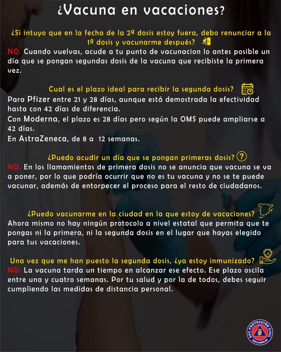 apcvalladolid's tweet photo. Son muchas las dudas que os surgen acerca del proceso de #vacunación en #Valladolid contra la #COVID19 durante el periodo de #vacaciones.

Aquí tenéis algunas respuestas 👇🏼 https://t.co/yytRecYQed