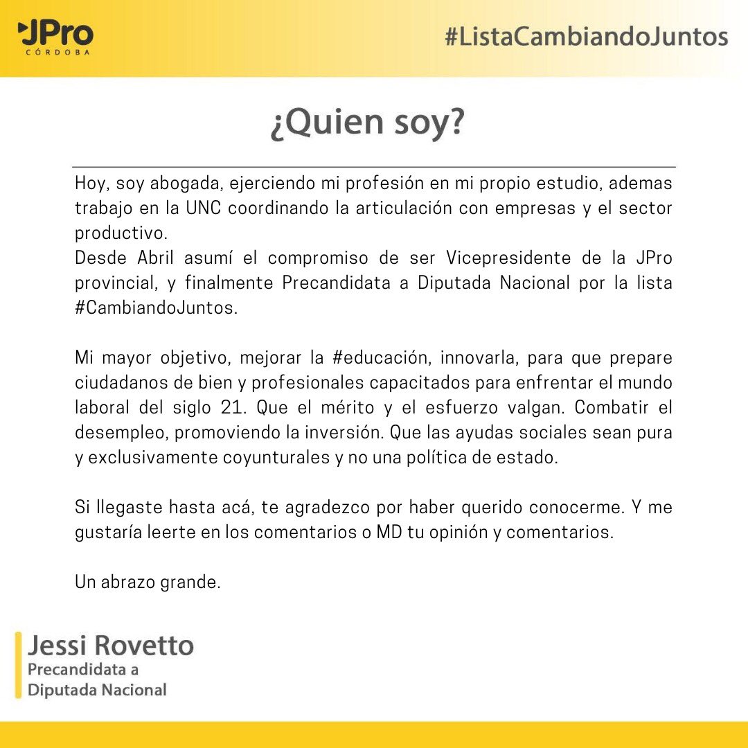 JessiRovetto's tweet photo. Hola 👋🏼.

Los invito a conocerme un poco más, ya que lo mas importante de una lista es su capital humano, se votan a personas reales, de carne y hueso. 
Eso marca la diferencia. 

•¿Quién soy?•

Gracias por leer 🤗 https://t.co/d2ykMmmKhR