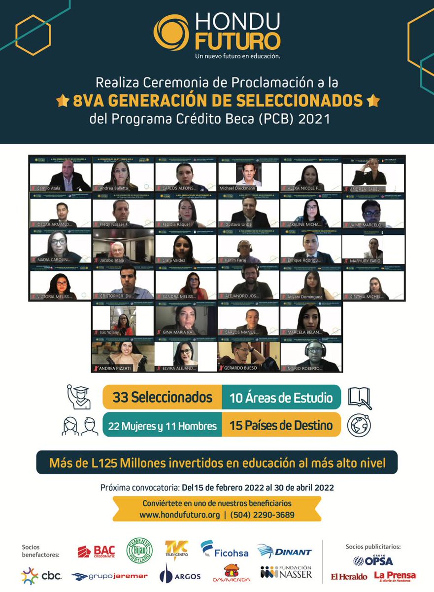 ¡La Educación tiene el Poder para transformar Honduras! Hondufuturo otorgo becas PCB a 33 profesionales,  22 mujeres y 11 hombres, hondureños, que realizarán estudios de posgrado en 15 países, con el aporte de L 23 millones, de las empresas socias que unidas marcan la diferencia.