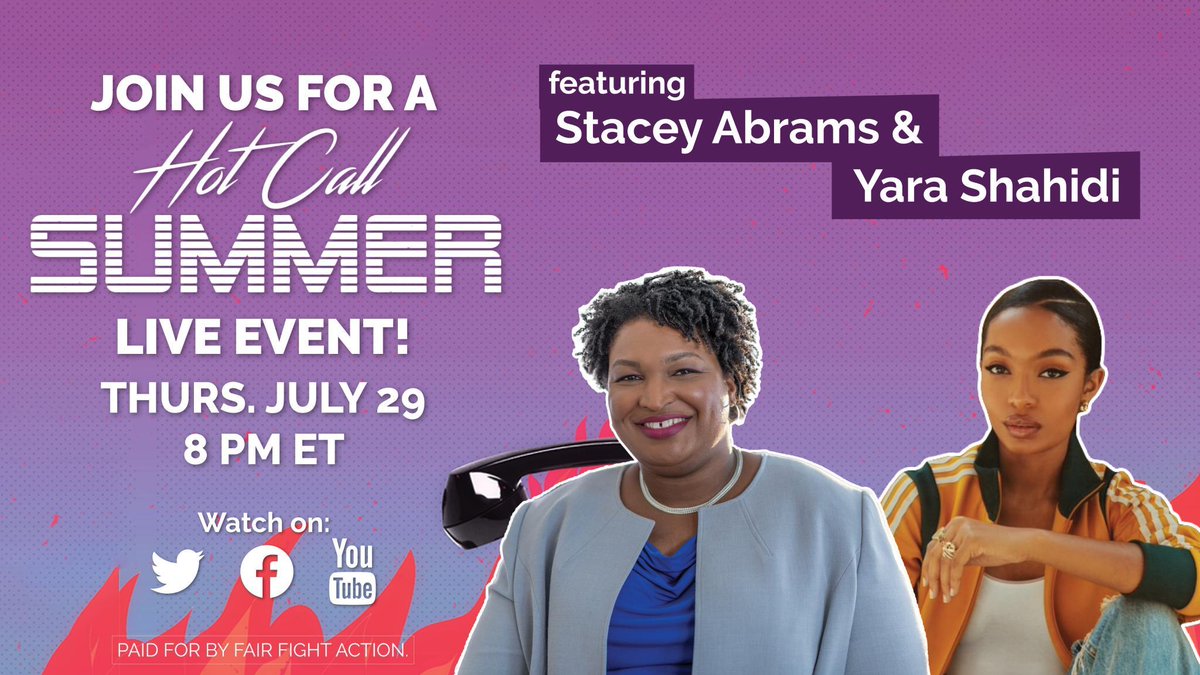 staceyabrams's tweet photo. Tonight (7/29) at 8pm ET, #YaraShahidi and I will chat about ensuring fair districts and ending partisan gerrymandering to help protect Americans' freedom to vote. Join us live on Twitter, Facebook or at the link below. #HotCallSummer #ForThePeopleAct

📺 https://t.co/zrD1oxCPV4 https://t.co/7ClUR8HLRR