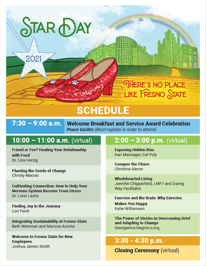FresnoStateWell's tweet photo. Here is the STAR Day 2021 Schedule for Thursday August 12th.  Please share this with any fellow Fresno State Employees! Find more information and registration links on our website.
https://t.co/bPayjSJlG4 https://t.co/Tz3YnpfDoz