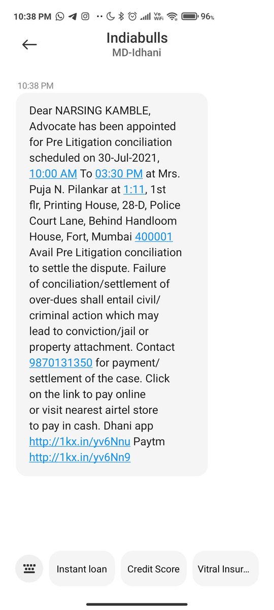 Dear <a href="/RBI/">ReserveBankOfIndia</a> &amp; <a href="/RBIsays/">RBI Says</a> This application @dhanicares legal notice through message on 10.38 PM come to Advocate Puja N Pilankar has been appointed for Pre Litigation conciliation scheduled on 30 July 21,this is banking time? <a href="/Jantaki_Aawaz/">जनता की आवाज़🕯️</a> <a href="/RMASindia/">RMAS Foundation #MIDDLE_CLASS (Mission 21K )</a> <a href="/DasShaktikanta/">Shaktikanta Das</a> <a href="/FinMinIndia/">Ministry of Finance</a>