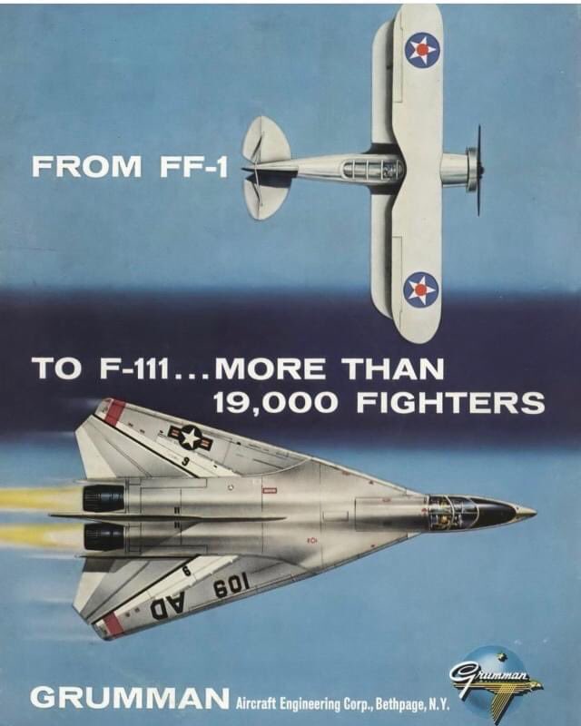 The evolution of Grumman from biplanes to the Aardvark. 

#grumman #aviation #fighterjets #f111aardvark #USNavy #swingwing #vintageadvertising