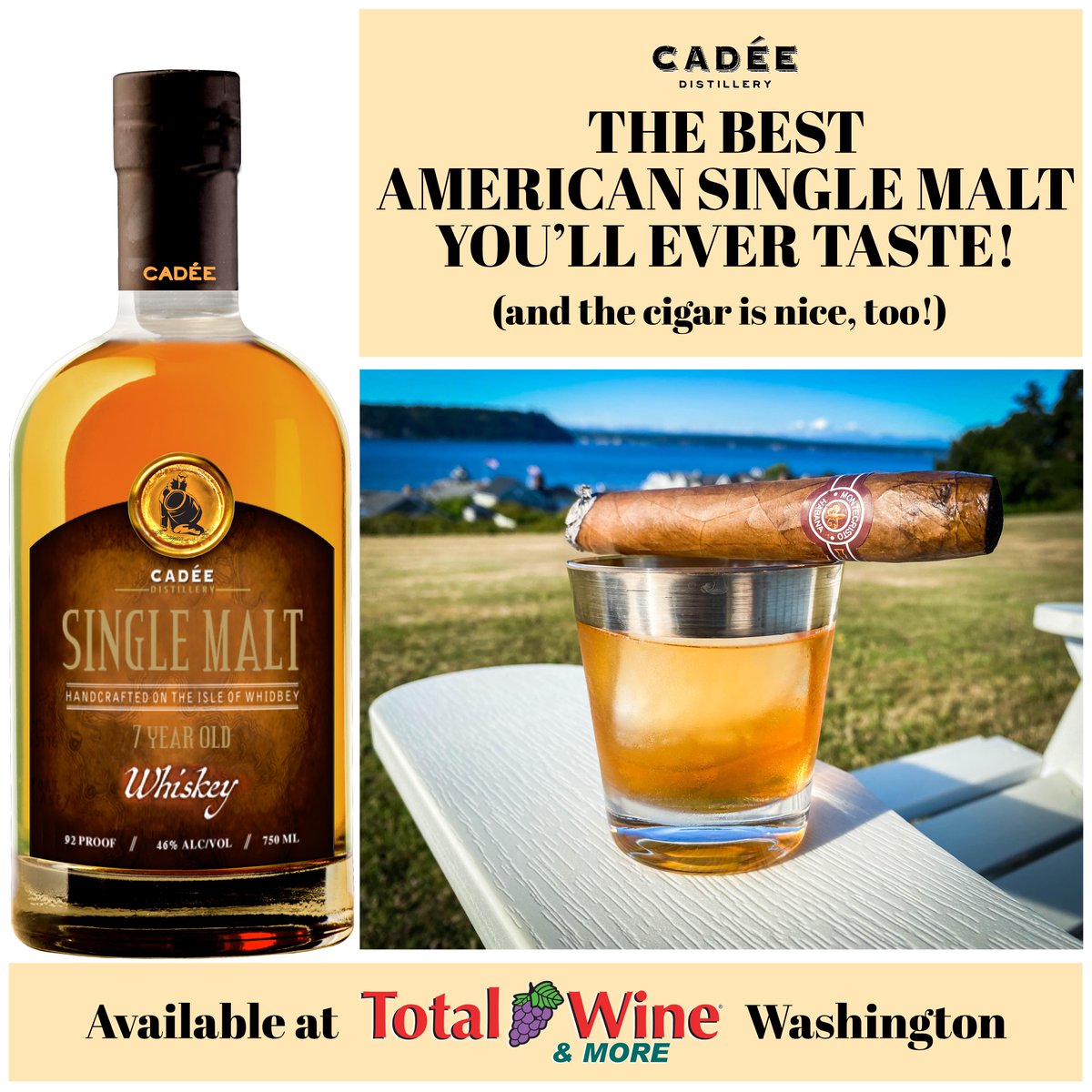 cadeedistillery's tweet photo. Are you searching for an American Single Malt that stands up to tests against Scotland’s best? Our Single Malt delivers on that promise. Give it a try (with a Cubano if available)!  Available at @totalwine Washington. Cheers from Cadée!  #singlemalt #cadeedistillery #totalwine https://t.co/FNNxtH0723