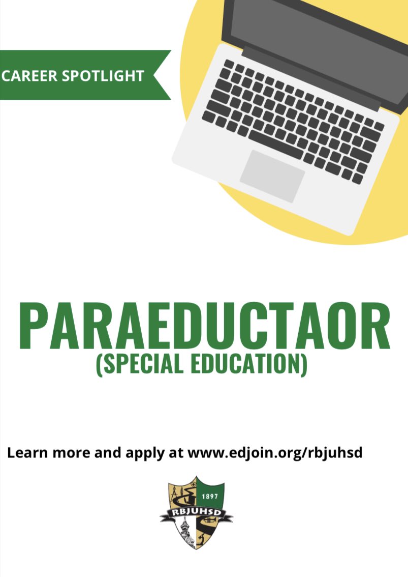 Paraeducator (Special Education)

RBJUHSD CAREER HIGHLIGHT‼️
Job Title: Paraeducator - 7 HOUR POSITION
Location: Red Bluff High School

To learn more on how to obtain a Paraeducator Certificate contact Sandy Wallace, Director of Human Resources 530-529-8703.