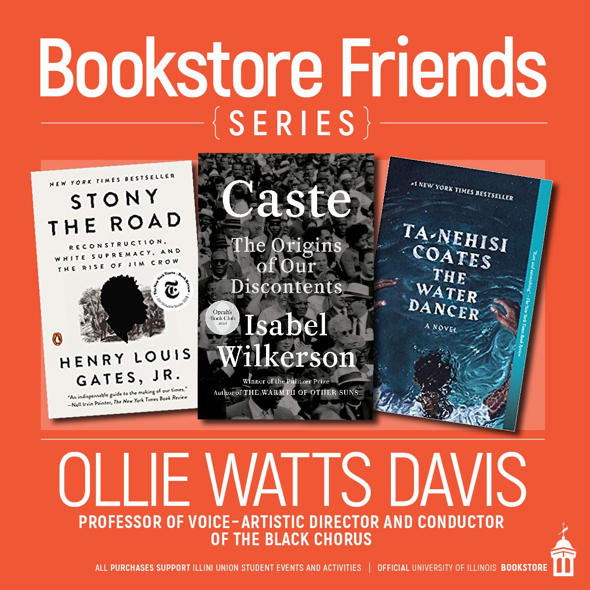 uofibookstore's tweet photo. This week's @uofibookstore Friends feature is Ollie Watts Davis - Professor of Voice &amp; Artistic Director/Conductor of the @UIBlackChorus 
- "Caste" by Isabelle Wilkerson
- "Stony the Road" by Henry Louis Gates, Jr. 
- "The Water Dancer" by Ta-Nehisi Coates https://t.co/0wUvsV9wx8