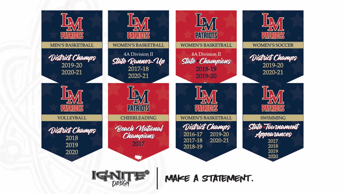 IgniteDesign3's tweet photo. Cool project recognizing the accomplishments of the Patriots that will be displayed in the gym.  Loved working on these banners for @liberty_magnet.  #IgniteDesign #MakeAStatement https://t.co/dsADMfCyBO