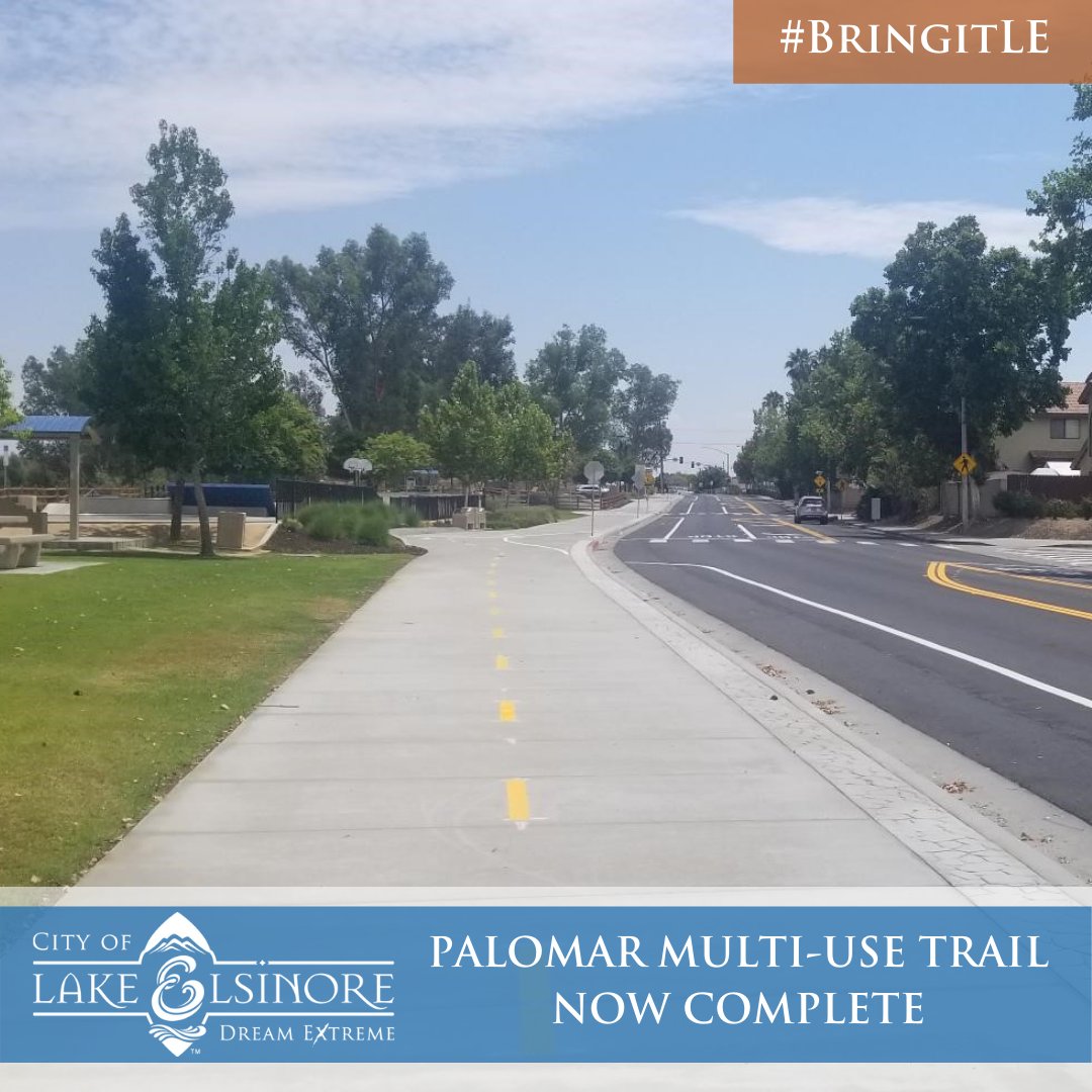 CtyLakeElsinore's tweet photo. The Palomar Multi-Use Trail is now complete from Corydon Road to Skylark Drive, next to Serenity Park.
This trail will serve as a key linkage between the City of Wildomar and the Murrieta Creek Trail, which is currently being planned in our community!
#BringItLE #LE #Palomar https://t.co/sujB8DuDgi