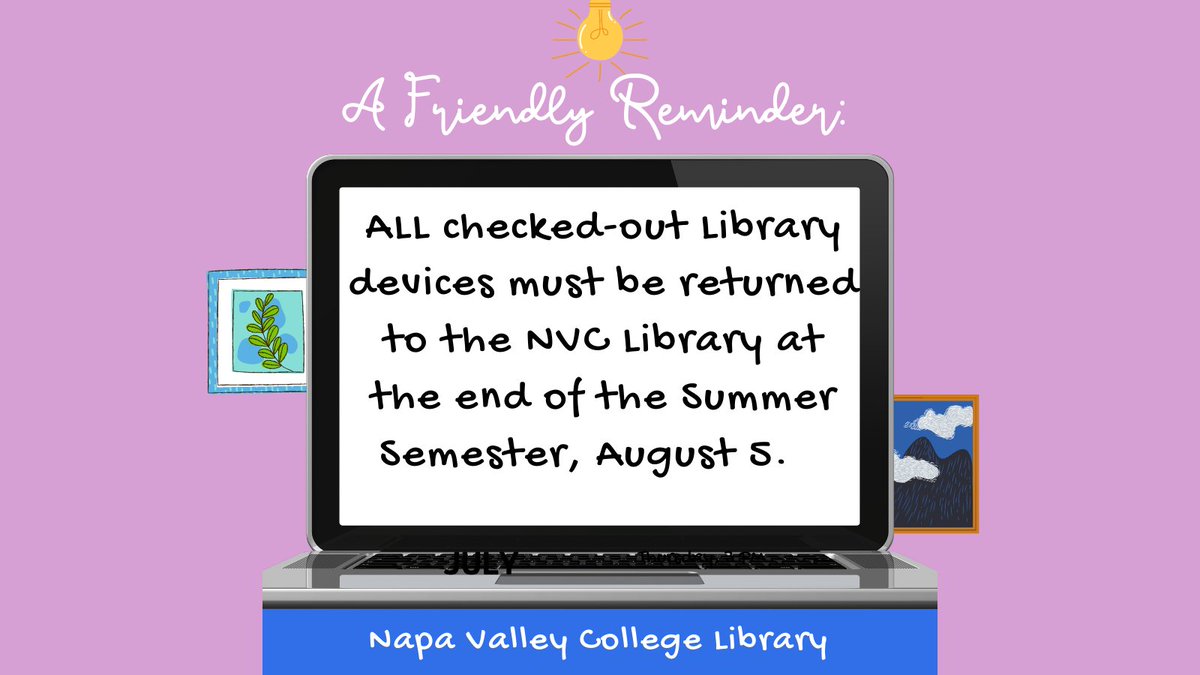 McCarthyLibrary's tweet image. Students, don’t forget to return your library devices to the NVC Library as soon as Summer classes are over.  

#wearenvc #startheregoanywhere #napavalleycollege #napavalley #californiacommunitycollege #communitycollege #collegelibrary #studentsfirst #studentsuccess #library
