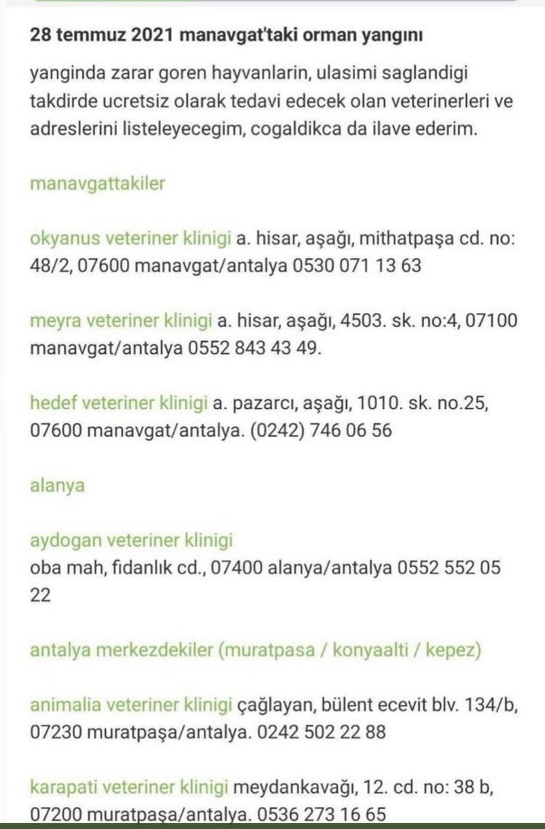 Yangından etkilenmiş hayvanları ücretsiz tedavi edebilecek klinikler. #TürkiyeYanıyor
#PrayForTurkey 
#memleketyaniyor