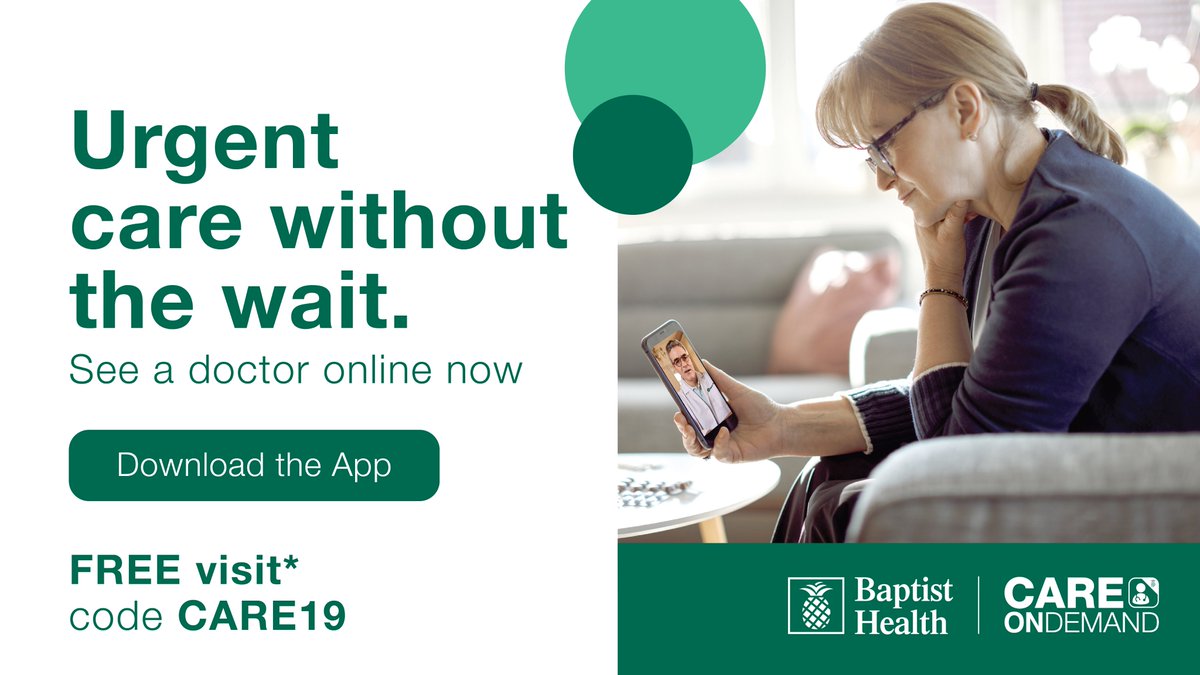 With the Delta variant of COVID-19 cases on the rise, Baptist Health is offering FREE online urgent care visits via the Baptist Health Care On Demand app. See a doctor online from the comfort and safety of your own home. Download the app and use promo code: CARE19