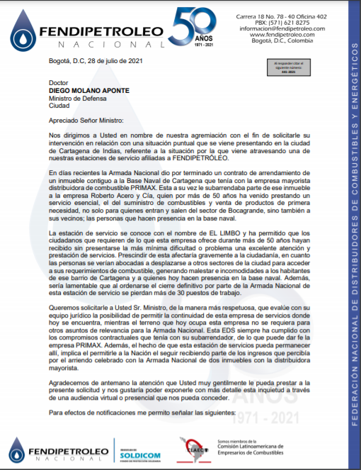 Fendipetroleo's tweet photo. Carta enviada al Ministro de @mindefensa , @Diego_Molano frente a la situación que está atravesando la EDS El Limbo por su cierre permanente en la ciudad de Cartagena⛽️🇨🇴

@jcvelezuribe @FendiPreside @JairoGomez_ https://t.co/82p1avAvJC