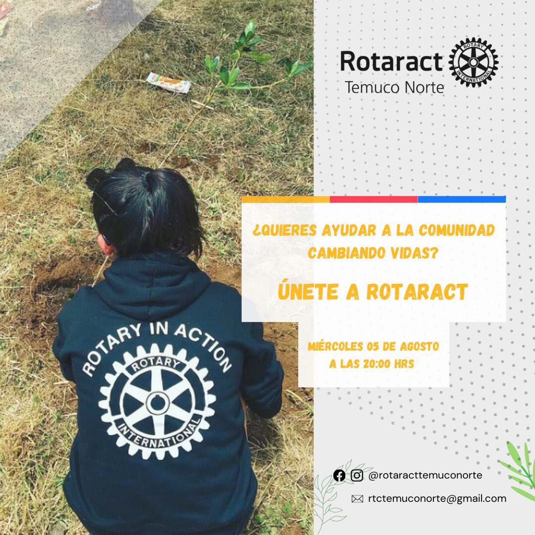 Únete a Rotaract y ven a cambiar vidas! 💚.
Contáctate con nosotros a nuestro correo electrónico o redes sociales.
#Temuco #temucocity #Rotaract