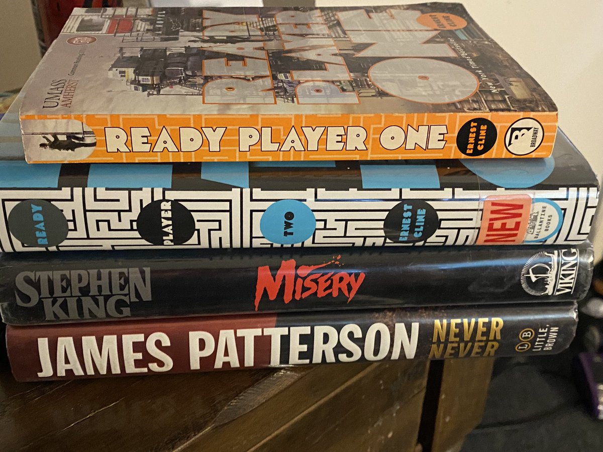 Library haul (rereading the top one from my collection)!
Ready Player One and Two by Ernest Cline
Misery by Stephen King
Never Never by James Patterson https://t.co/okrGB6DAWT