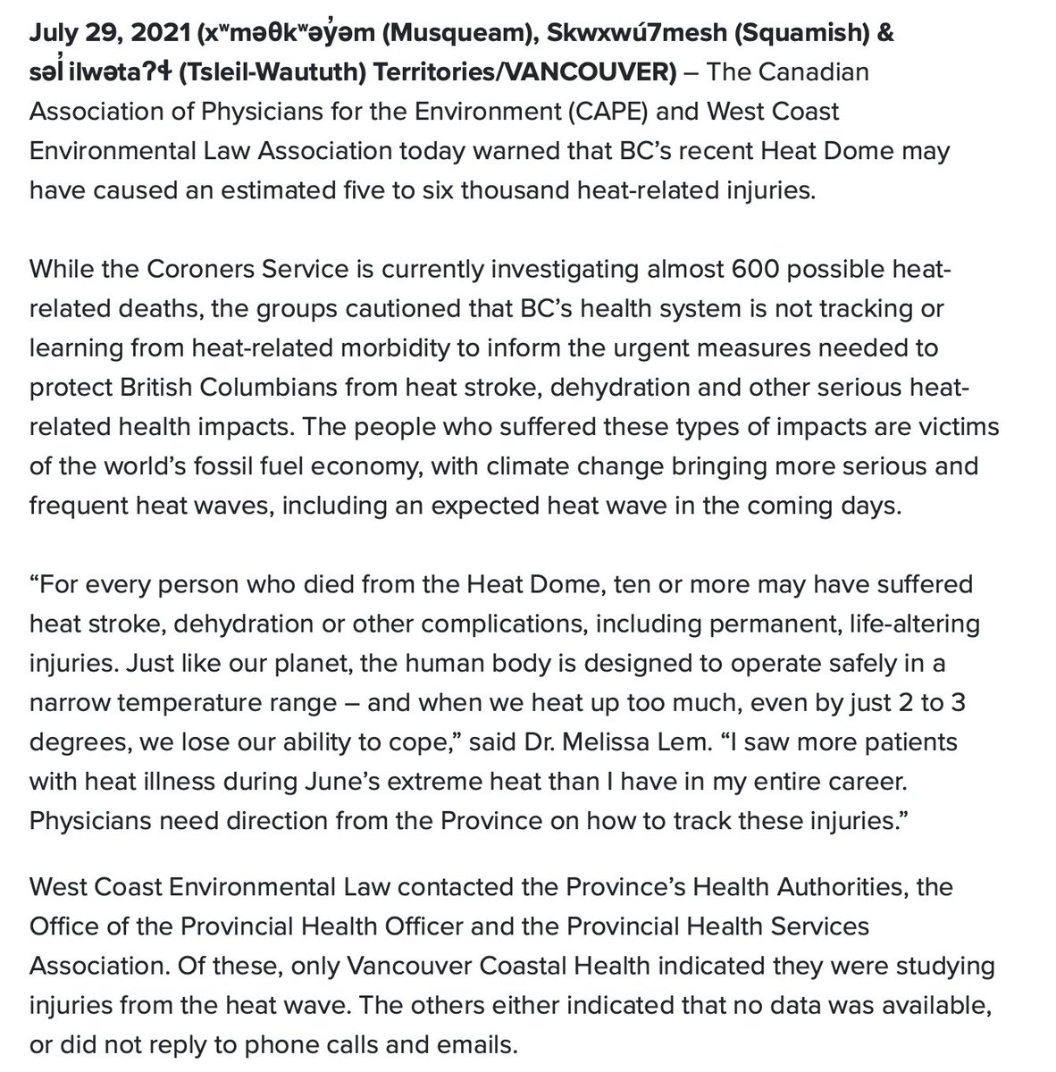 CAPE_ACME's tweet photo. Deaths from the #HeatDome were counted - but that's not the whole story. CAPE and @WCELaw are calling on the BC Government to provide the framework to enable physicians to track heat-related injuries and to investigate recent impacts. #bcpoli #BCHeatWaves
https://t.co/PfIyr9AHAZ https://t.co/Rr2PSyhuzw