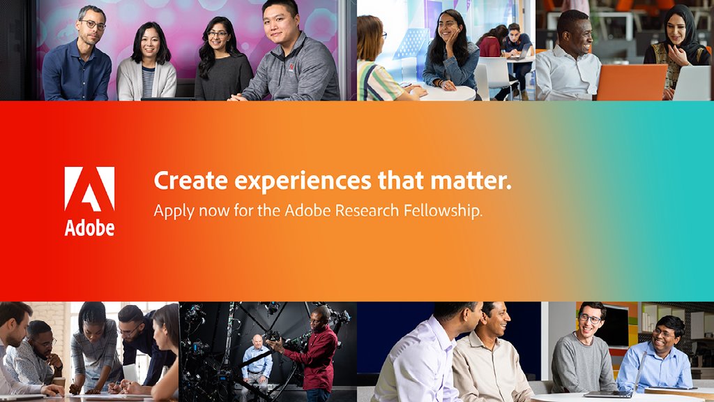 joshurbandavis's tweet photo. @AdobeResearch Fellowship Program #AdobeFellow applications open July 30th! Win $10,000 toward tuition, 1-year subscription to Adobe Creative Cloud, and an opportunity to interview for an internship. https://t.co/S1WwUy40dw https://t.co/4He0bESQfl