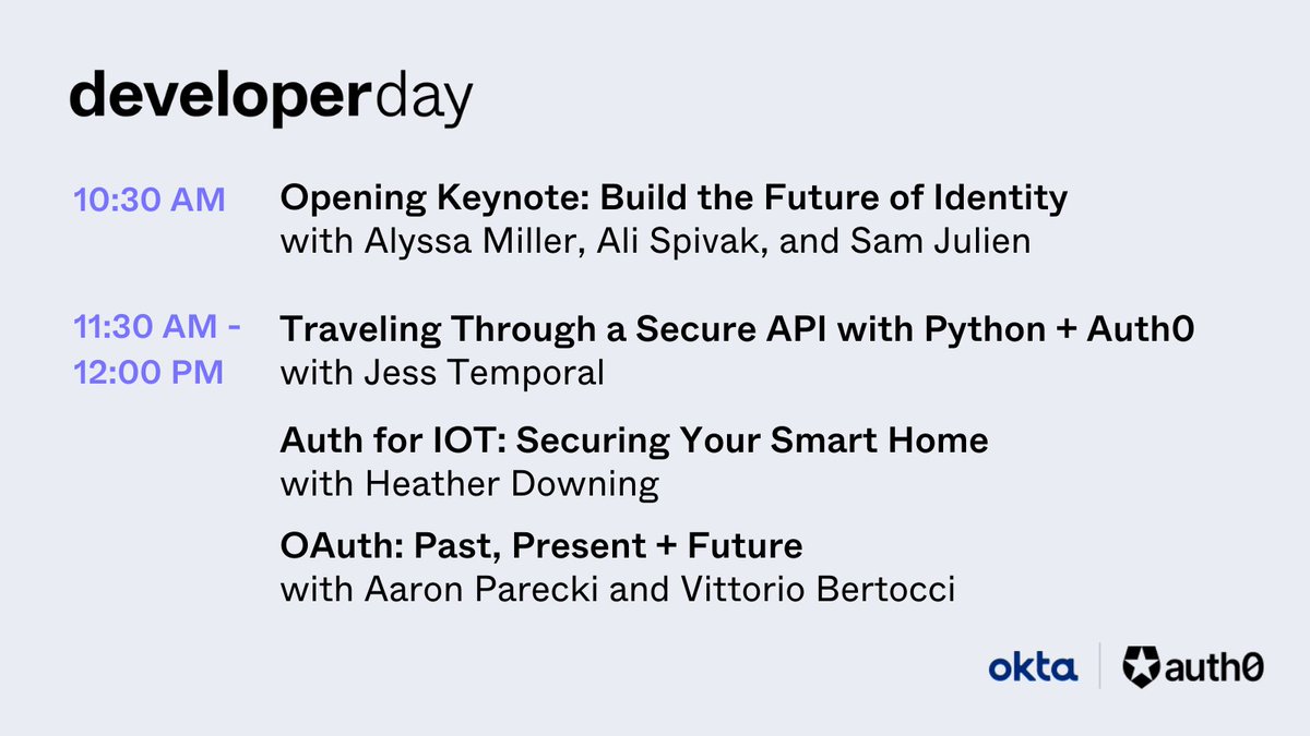 oktadev's tweet photo. Not sure what to expect at @Okta + @Auth0 #DeveloperDay?

Here's a look at some of the breakout sessions happening in the first half of the day on August 24th! Oh – and if you haven't registered yet, you can for free here: https://t.co/vbYBl9LJli https://t.co/ilZt6v2YqG