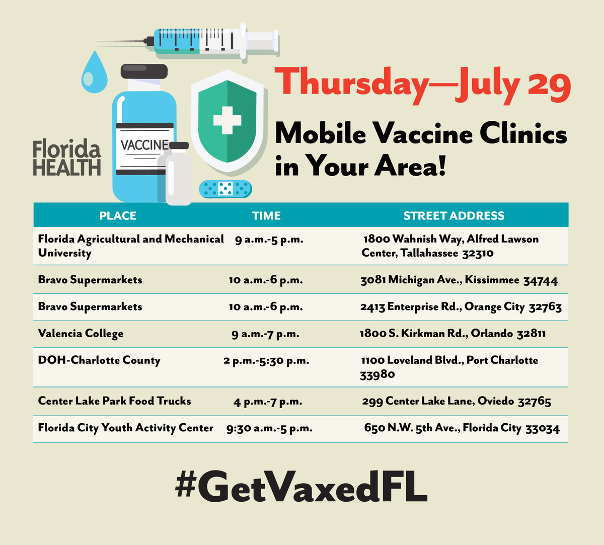 HealthyFla's tweet photo. Want to get vaccinated &amp; don't know how? Our mobile vax clinics make it easy. It's free &amp; you don't need an appointment. Check out the schedule for today below.

#GetVaxedFL https://t.co/rMW4vbTWTJ