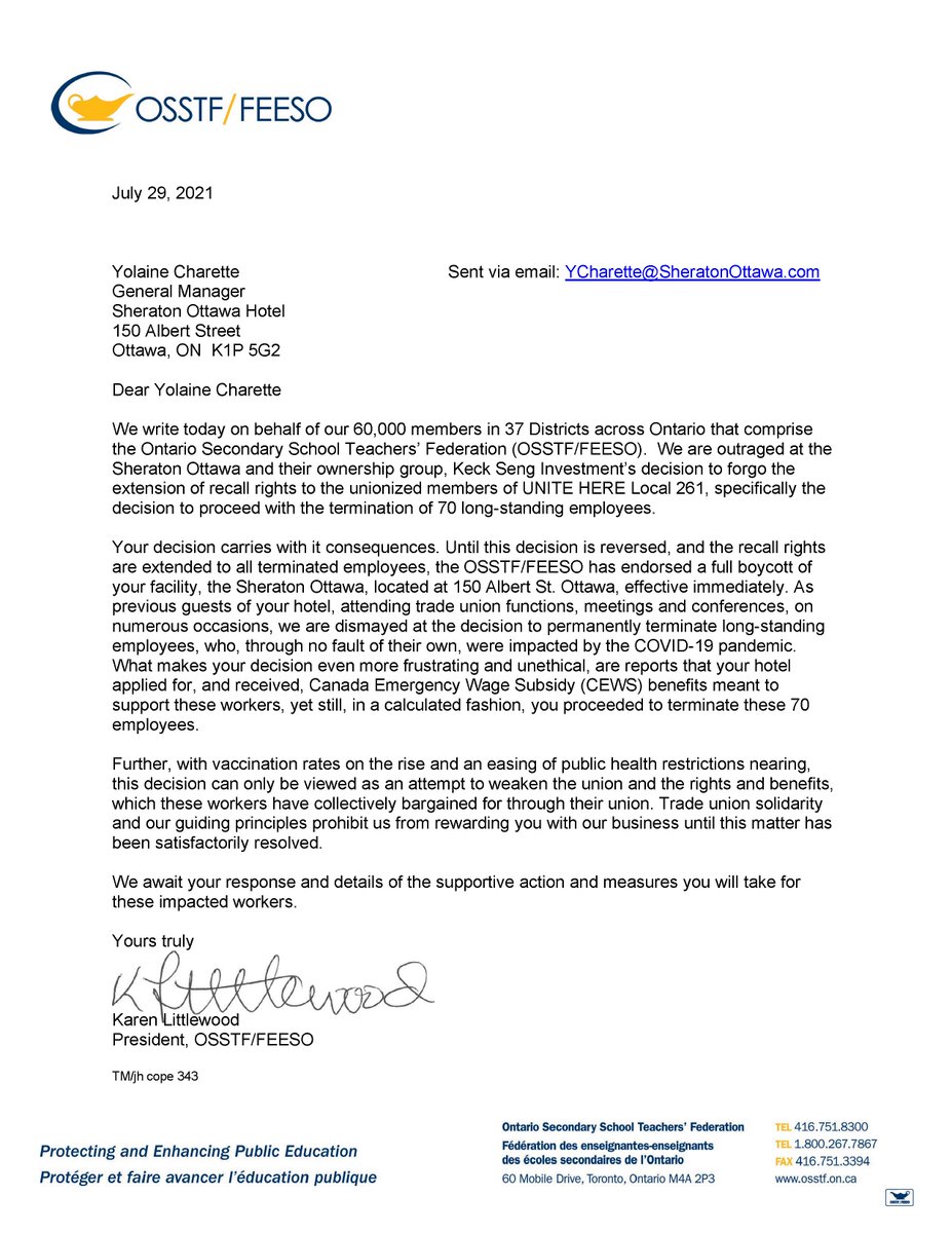 osstf's tweet photo. #OSSTF #FEESO stands with the fired workers from the Ottawa @sheratonhotels @UNITEHERE261 - these workers deserve better.
Our union has endorsed a full boycott of your facility, the @SheratonOttawa, effective immediately. Full statement below. 
#solidarity
https://t.co/zuyJlNcDdI https://t.co/5H1AXKjIWI