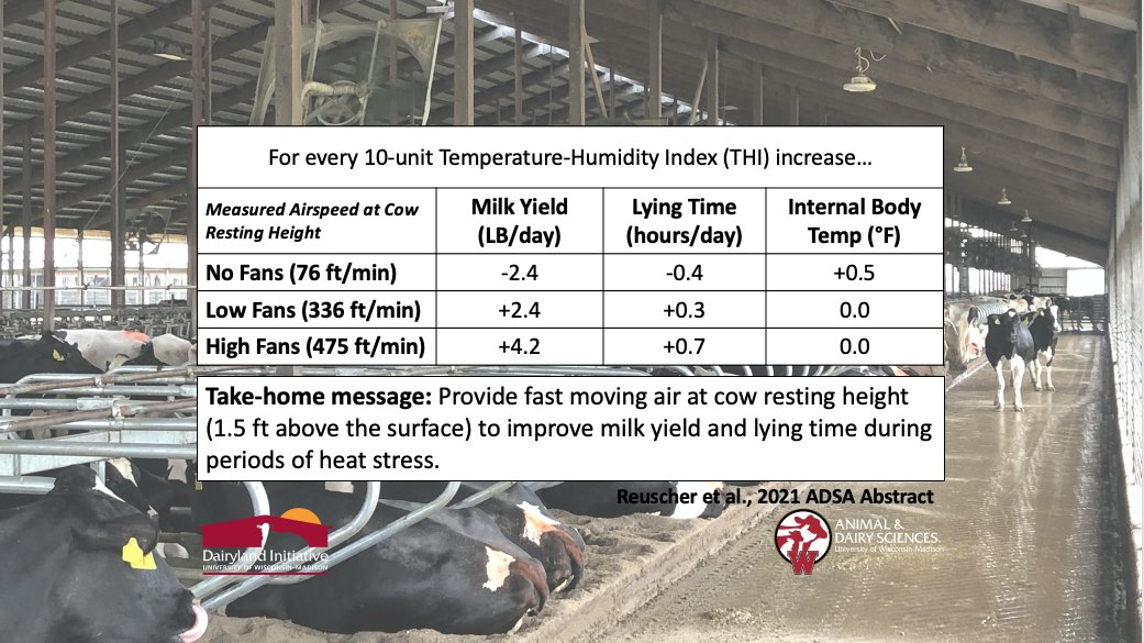 Should we provide fast moving air in the cow resting space? Yes! Check out the latest research, presented at the 2021 <a href="/ADSAorg/">ADSA</a> Annual Meeting by the <a href="/AWSUWM/">Animal Welfare Science @ UW-Madison</a>, showing the impact of air speeds on milk production, lying time, and internal body temperature. adsa.org/Meetings/2021-…