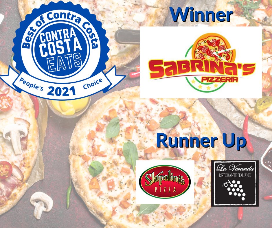ContraCostaEats's tweet photo. Congratulations! 😀 Sabrina's Pizzeria🍕in Oakley winning Best of Contra Costa. Runners up are @SkipolinisPizza and La Veranda,  Pittsburg. Suanne was selected as the random $25 Gift Card winner #winners #Giveaways https://t.co/6v515ePqo7