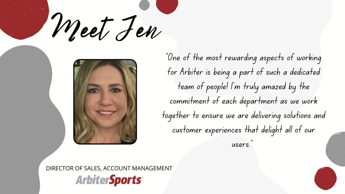 ArbiterSports's tweet photo. Meet Jennifer McKown! With over six years of experience as a sales and account management leader in the education technology industry, Jen joined the Arbiter family as our Director of Sales, Account Management this past spring. #Arbiterfamily #TeamArbiter #employeespotlight https://t.co/JHVlEkYoMK
