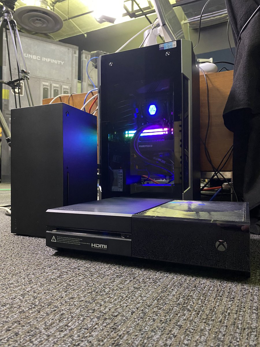 Hnerskers's tweet image. When you go in to the studio to test optimal streaming from multiple platforms and you bring in your Series X and OG MCC edition Xbox One. Also note my broadcast studio is #teamsticker