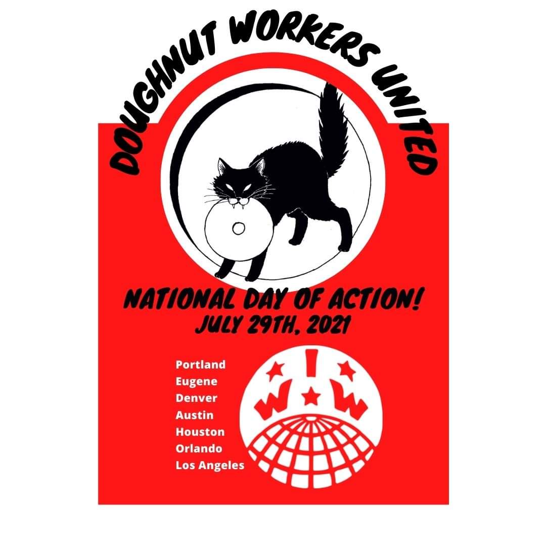 DWU_PDX's tweet photo. Today, July 29th, workers will be participating in a national day of action at Voodoo Doughnuts across the U.S.

Join us in Portland OR, at Voodoo Doughnut old town st 6pm to join a friendly, informational picket! 
#dwu #doughnutworkersunited #iww #unionstrong💪 #voodoodoughnut https://t.co/efF5xCgAaV