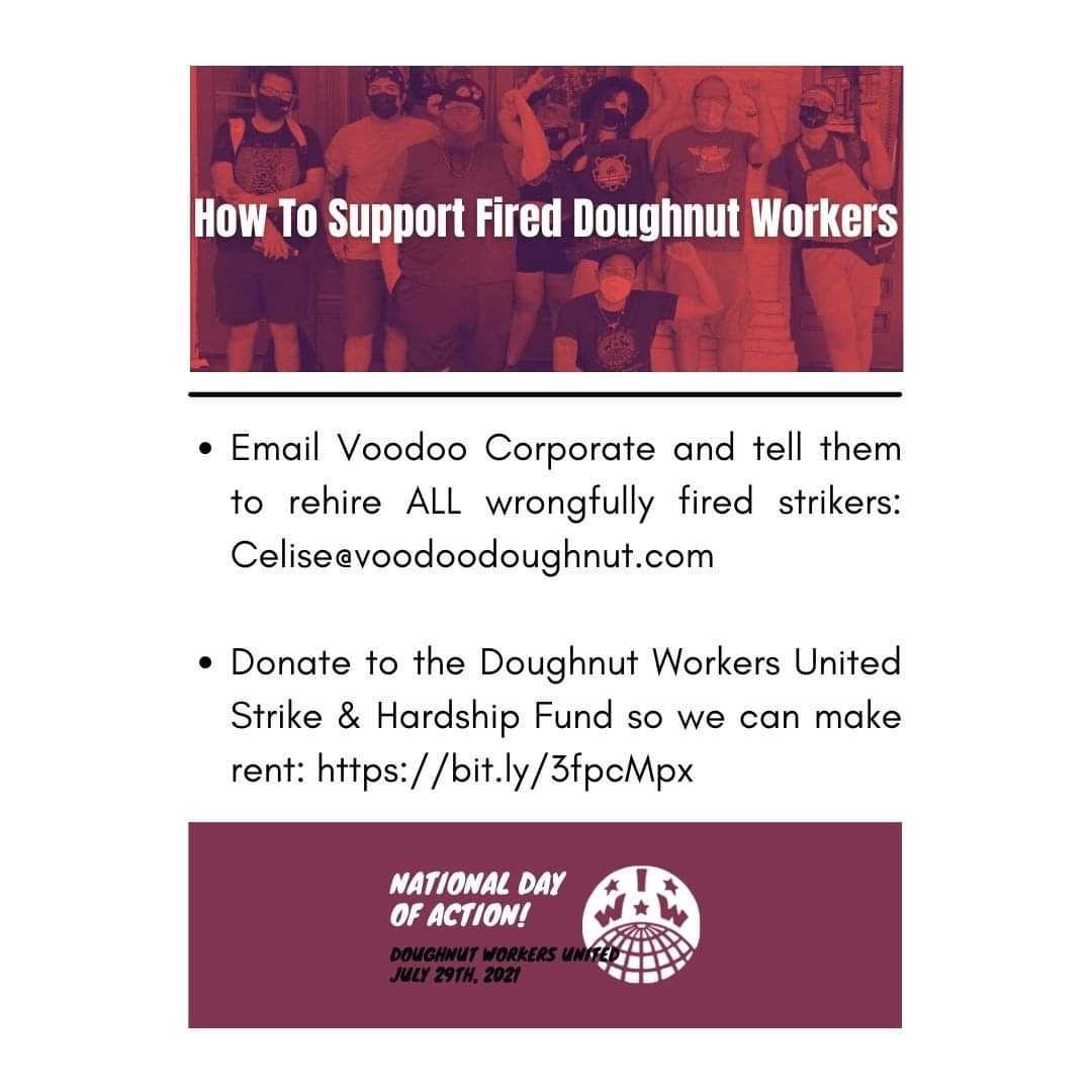 DWU_PDX's tweet photo. Today, July 29th, workers will be participating in a national day of action at Voodoo Doughnuts across the U.S.

Join us in Portland OR, at Voodoo Doughnut old town st 6pm to join a friendly, informational picket! 
#dwu #doughnutworkersunited #iww #unionstrong💪 #voodoodoughnut https://t.co/efF5xCgAaV