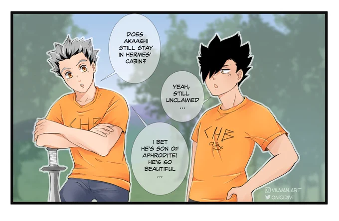 HQ x PJO Weekend! Day one - Godly parent claiming.
Watch your mouth Bokuto, or you'll be dealing with Athena's wrath.
I'm not sure if I'll do all 4 days because BokuAka week starts tomorrow ;_; but I'll do my best! 🥰
#hqpjoweekend #BokuAka #Haikyuu 