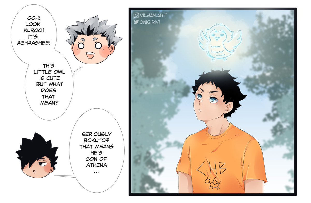 HQ x PJO Weekend! Day one - Godly parent claiming.
Watch your mouth Bokuto, or you'll be dealing with Athena's wrath.
I'm not sure if I'll do all 4 days because BokuAka week starts tomorrow ;_; but I'll do my best! 🥰
#hqpjoweekend #BokuAka #Haikyuu 