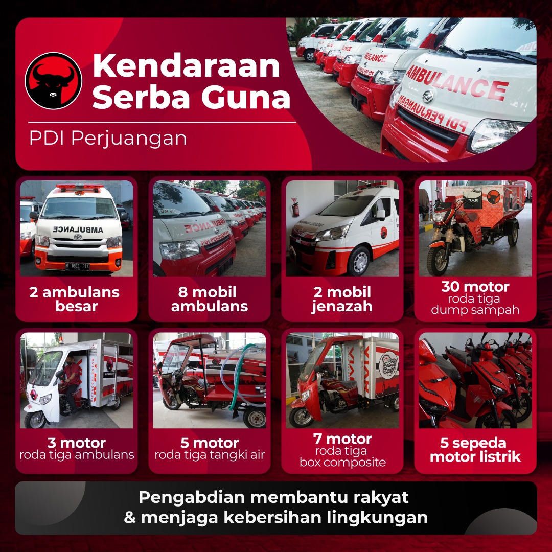 INFO Malam Jumat: Dengan kekuatan gotong royong, #PDIPerjuangan menghadirkan motor dan mobil pengangkut sampah yang akan digunakan satgas lingkungan juga #Ambulance yang digunakan untuk kerja kemanusiaan. #GotongRoyongSemuaTertolong #LingkunganBersih